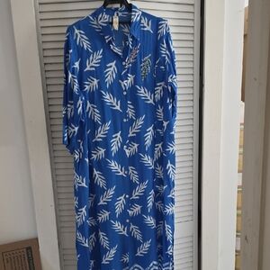 Blue and White Leaf Print Midi Dress